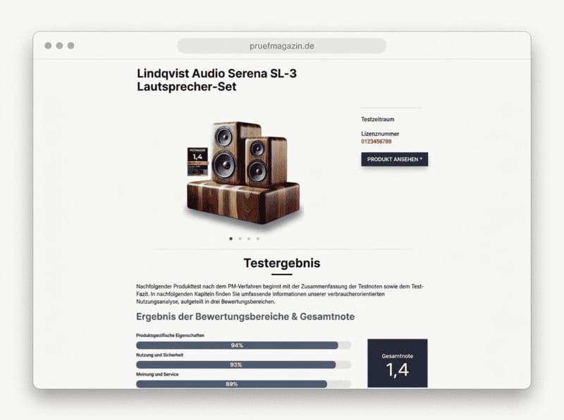 Muster eines Prüfmagazin-Testberichts im Browser